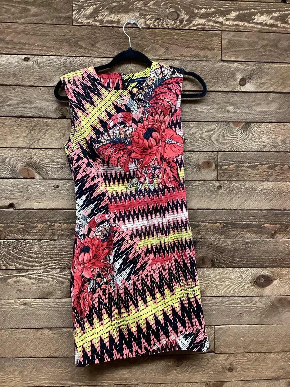 French Connection Coral, Black & Yellow Floral Zigzag Mini Dress - Picture 1 of 4